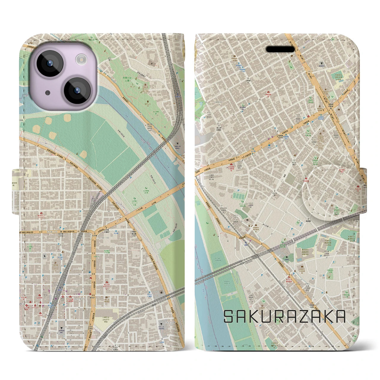 【桜坂(東京都)】地図柄iPhoneケース(手帳タイプ)ナチュラル・iPhone 14 用