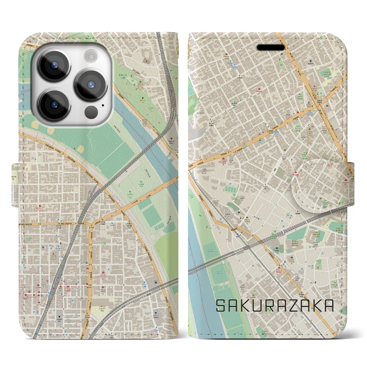 【桜坂(東京都)】地図柄iPhoneケース(手帳タイプ)ナチュラル・iPhone 14 Pro 用