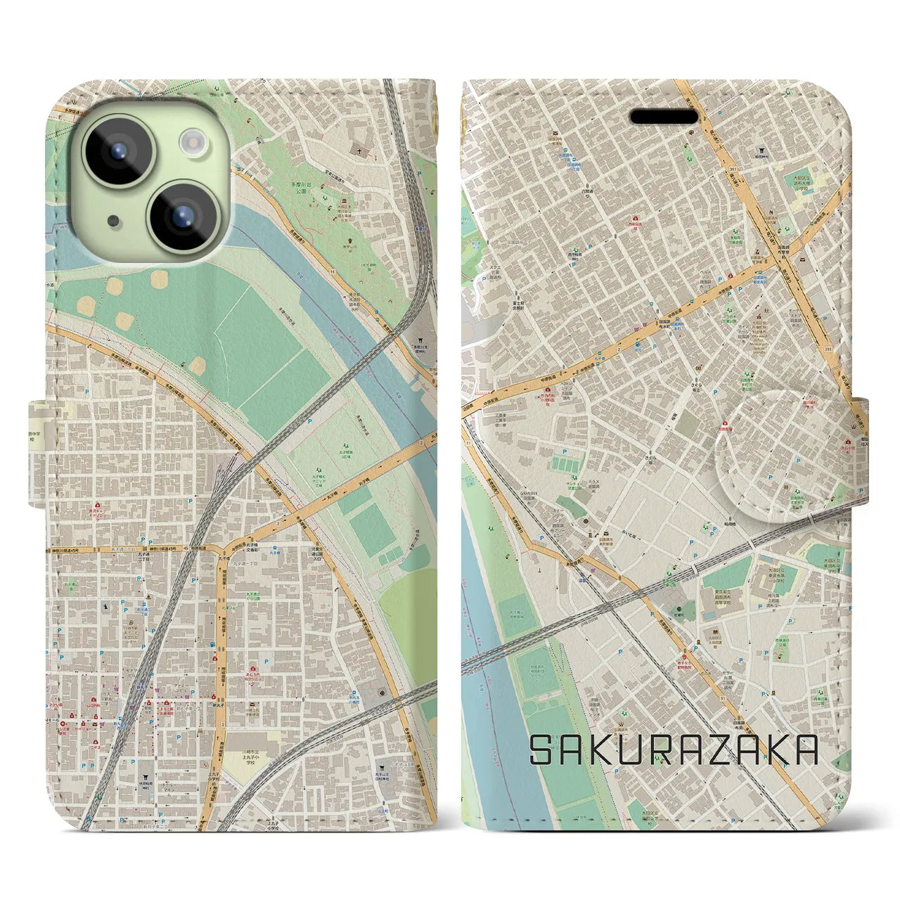 【桜坂(東京都)】地図柄iPhoneケース(手帳タイプ)ナチュラル・iPhone 15 用