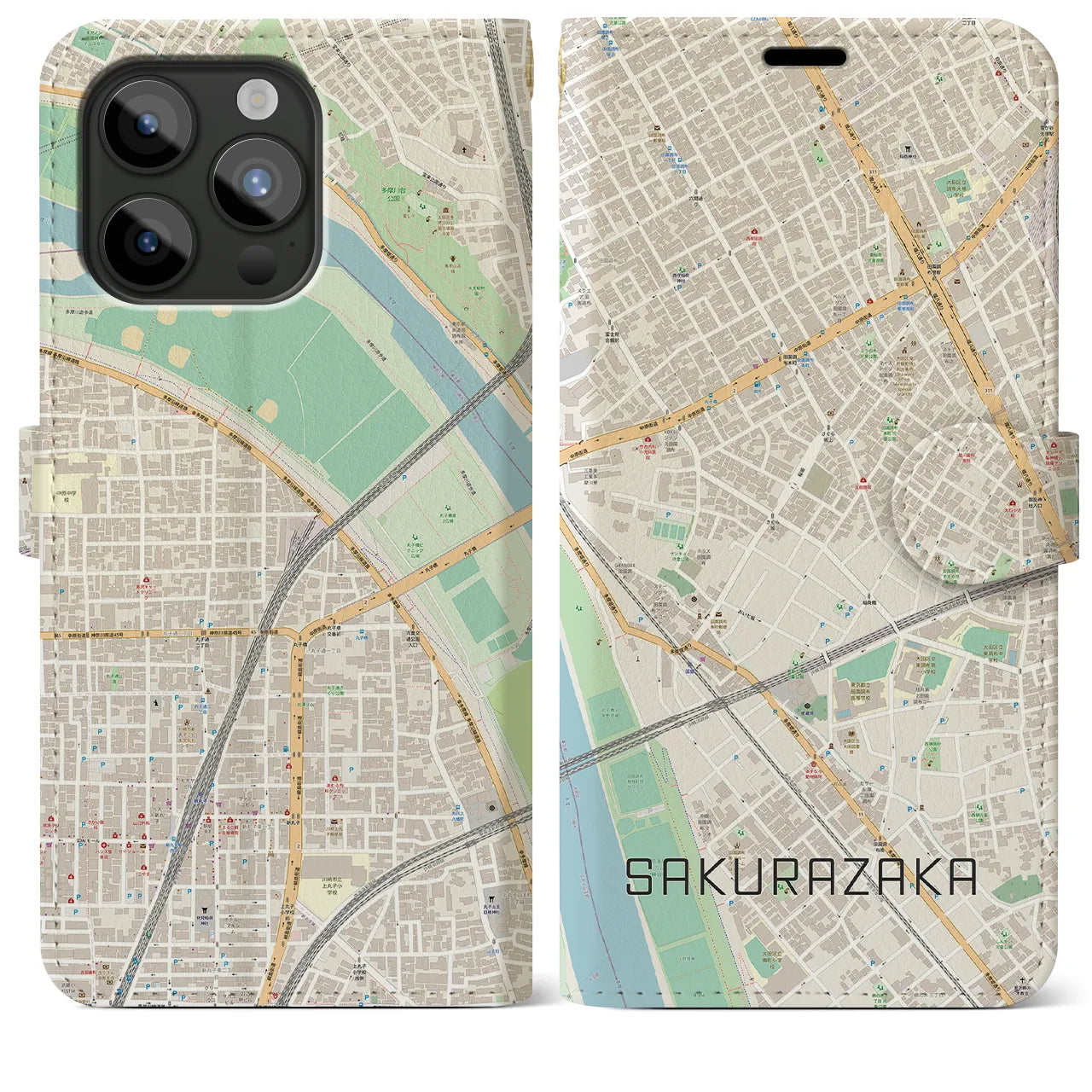 【桜坂(東京都)】地図柄iPhoneケース(手帳タイプ)ナチュラル・iPhone 15 Pro Max 用