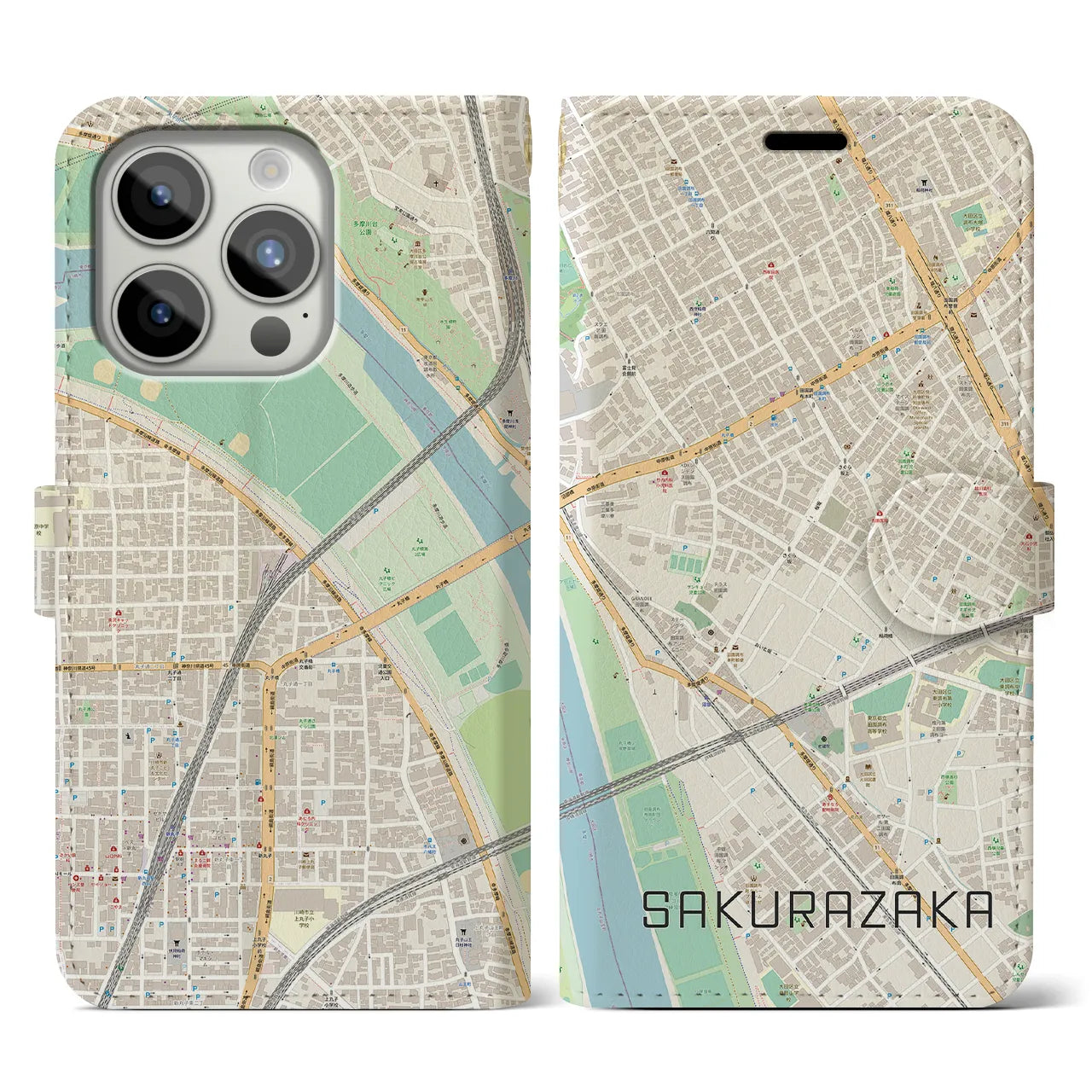 【桜坂(東京都)】地図柄iPhoneケース(手帳タイプ)ナチュラル・iPhone 15 Pro 用