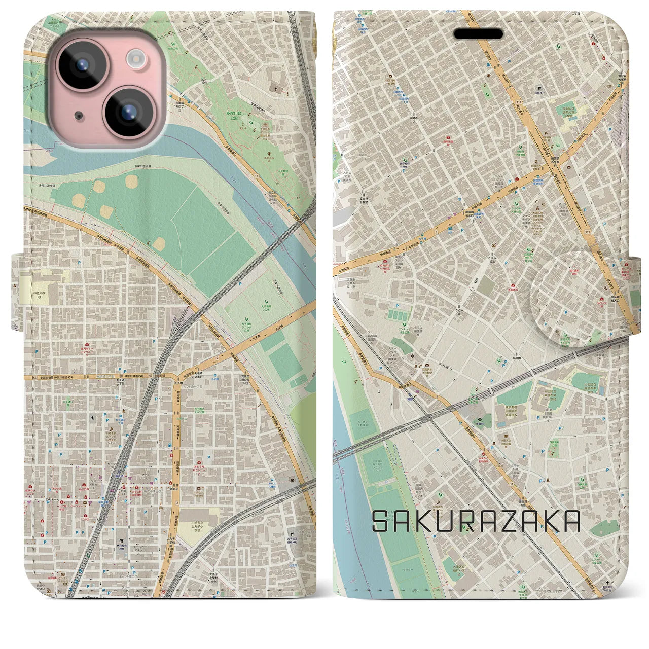 【桜坂(東京都)】地図柄iPhoneケース(手帳タイプ)ナチュラル・iPhone 15 Plus 用