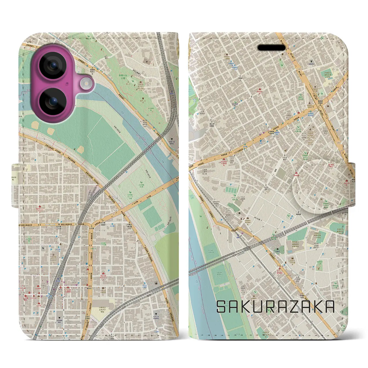 【桜坂(東京都)】地図柄iPhoneケース(手帳タイプ)ナチュラル・iPhone 16 Pro 用