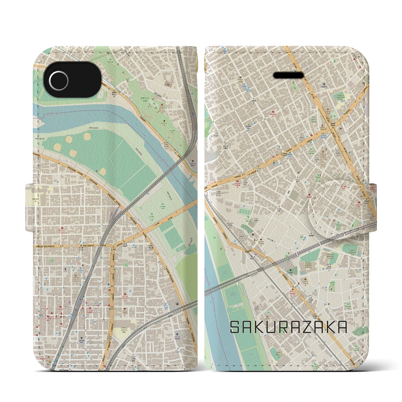 【桜坂(東京都)】地図柄iPhoneケース(手帳タイプ)ナチュラル・iPhone SE(第3 / 第2世代) / 8 / 7 / 6s / 6 用