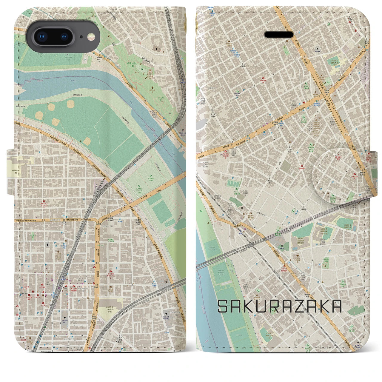 【桜坂(東京都)】地図柄iPhoneケース(手帳タイプ)ナチュラル・iPhone 8Plus /7Plus / 6sPlus / 6Plus 用