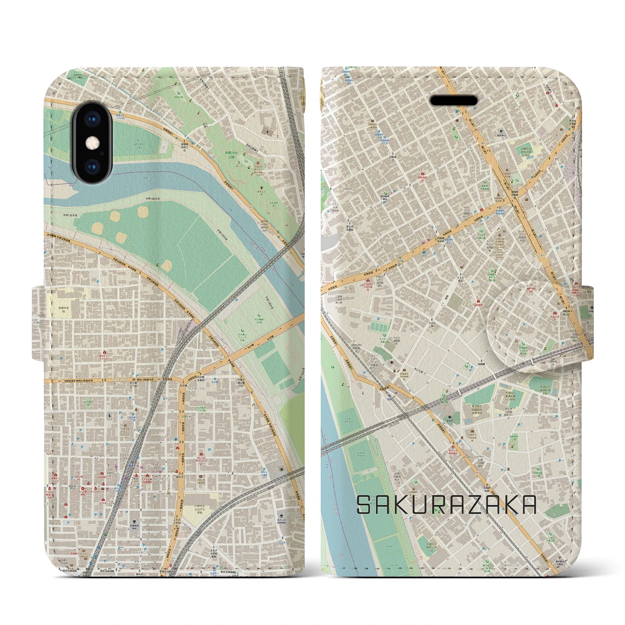 【桜坂(東京都)】地図柄iPhoneケース(手帳タイプ)ナチュラル・iPhone XS / X 用