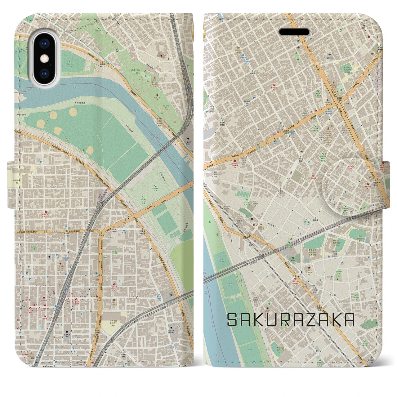 【桜坂(東京都)】地図柄iPhoneケース(手帳タイプ)ナチュラル・iPhone XS Max 用