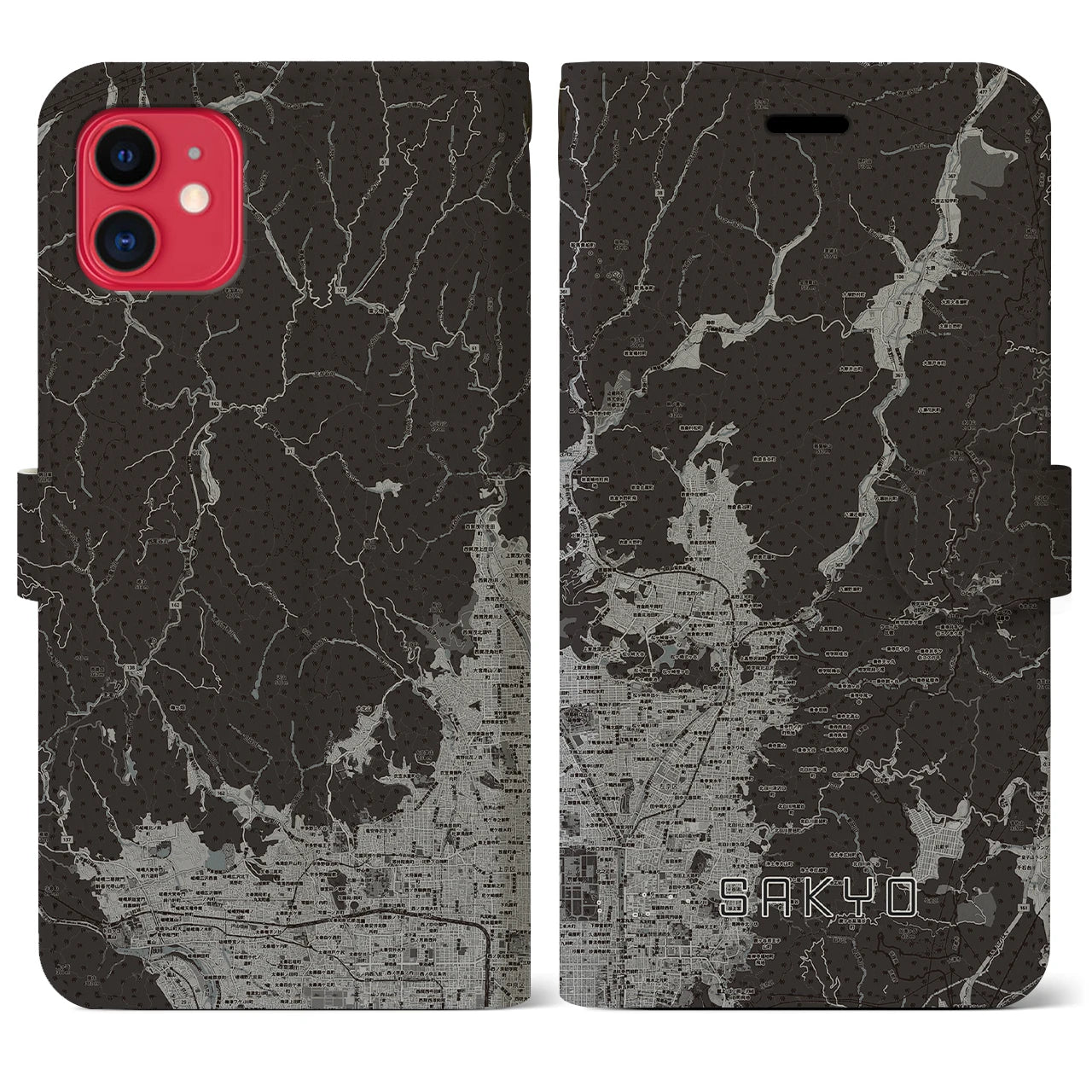 【左京(京都府)】地図柄iPhoneケース(手帳タイプ)モノトーン・iPhone 11 用