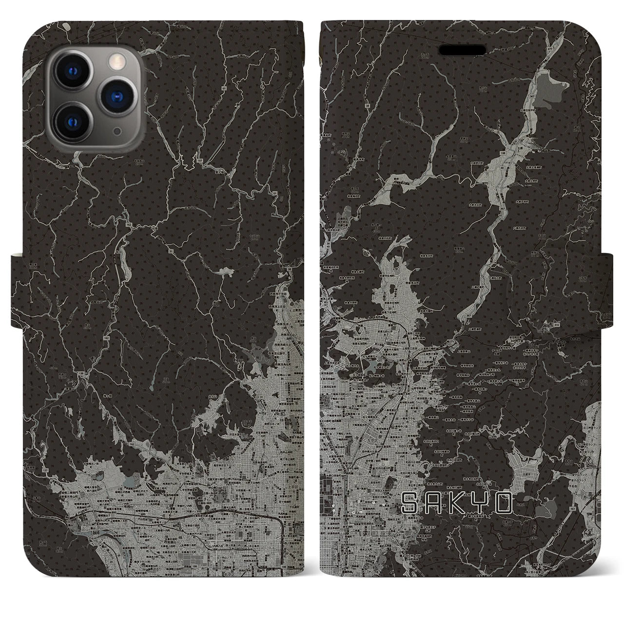 【左京(京都府)】地図柄iPhoneケース(手帳タイプ)モノトーン・iPhone 11 Pro Max 用