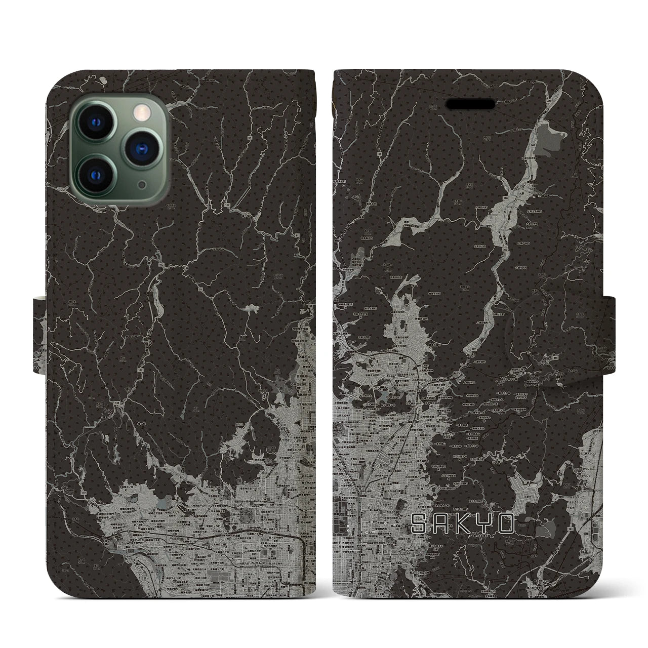 【左京(京都府)】地図柄iPhoneケース(手帳タイプ)モノトーン・iPhone 11 Pro 用