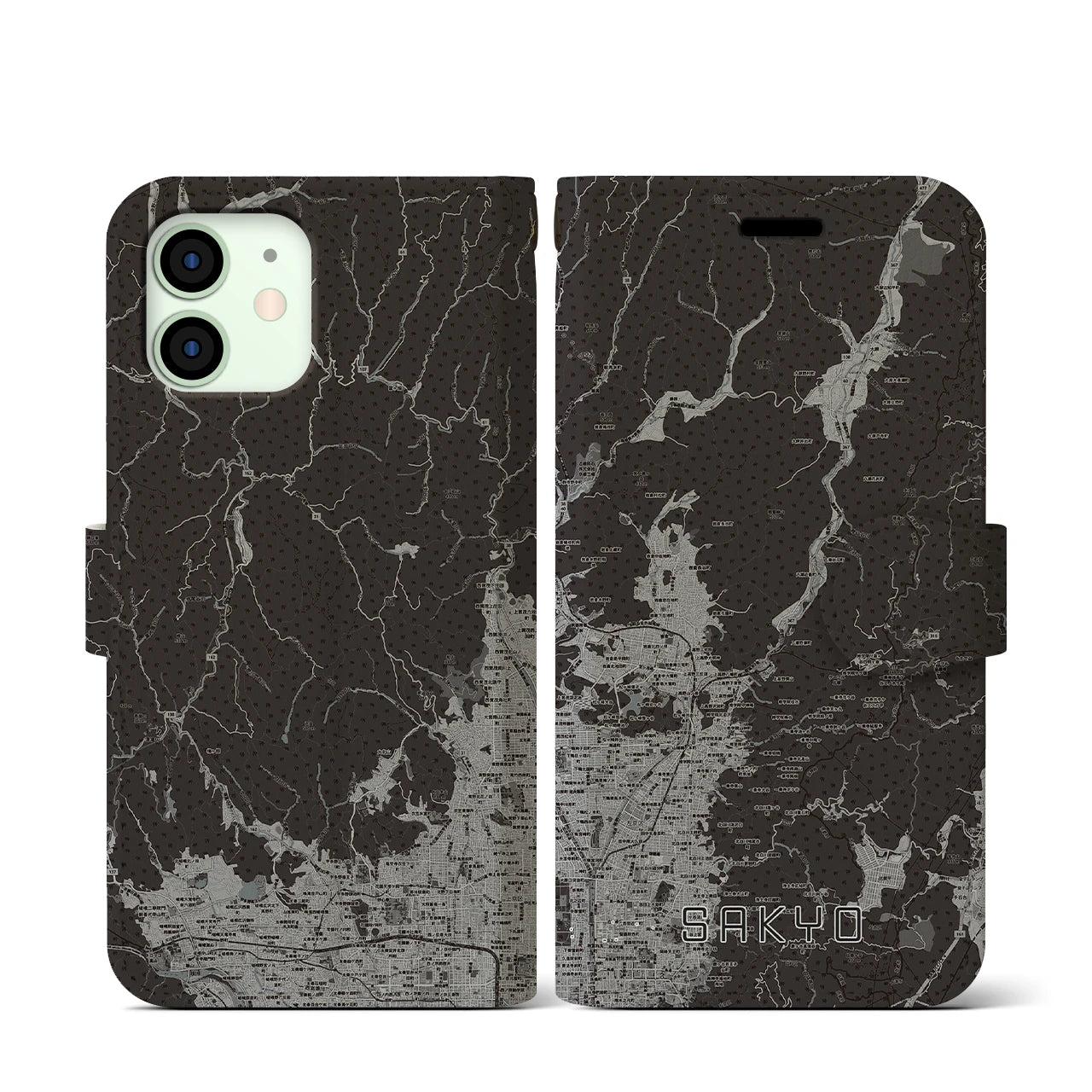 【左京(京都府)】地図柄iPhoneケース(手帳タイプ)モノトーン・iPhone 12 mini 用