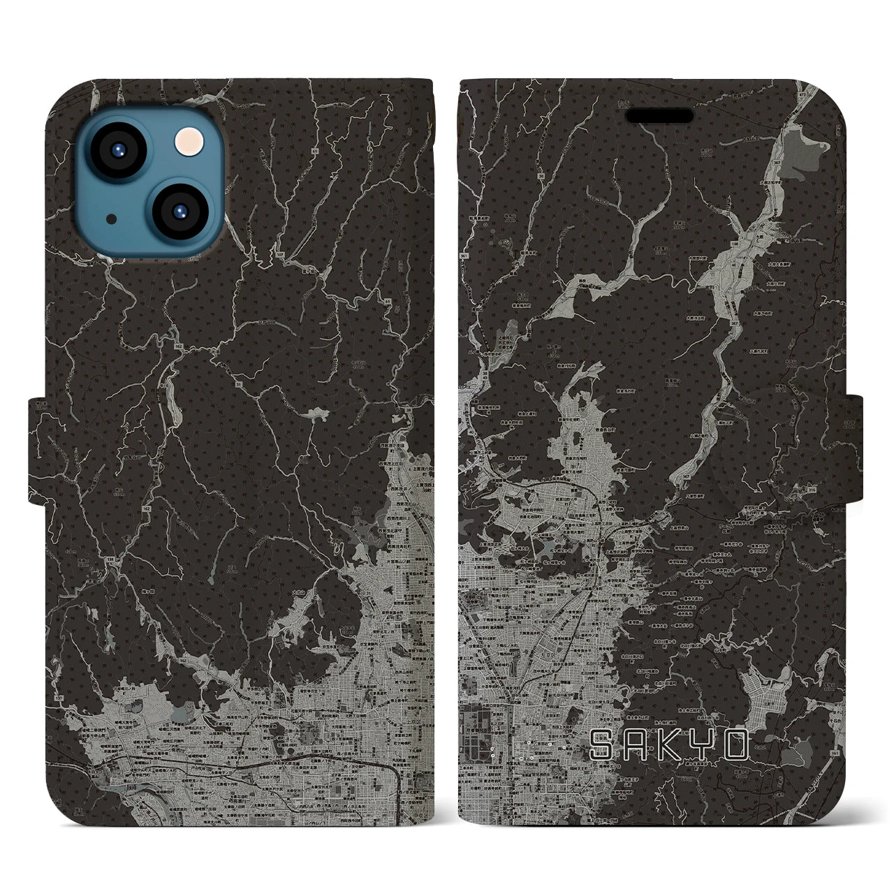 【左京(京都府)】地図柄iPhoneケース(手帳タイプ)モノトーン・iPhone 13 用