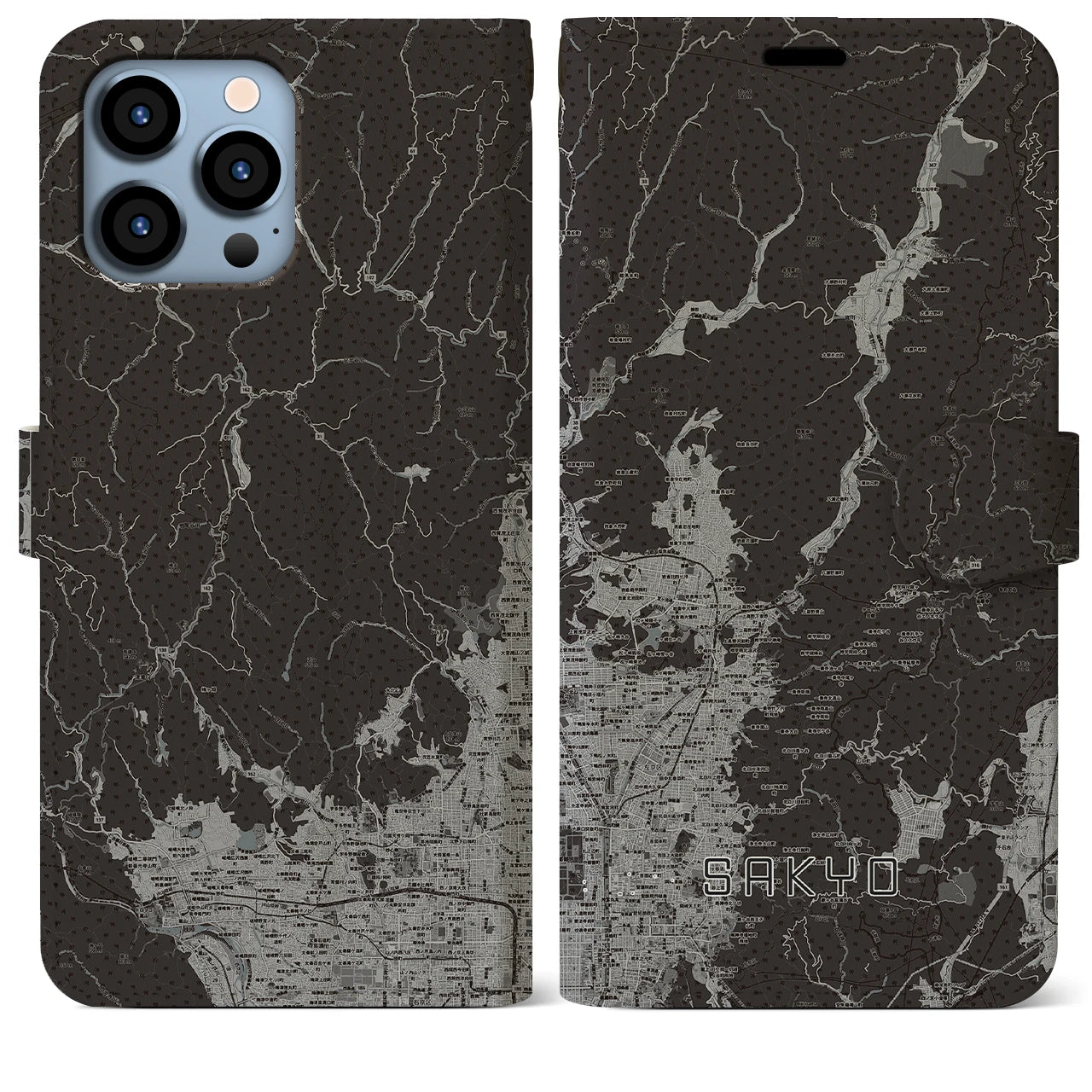 【左京(京都府)】地図柄iPhoneケース(手帳タイプ)モノトーン・iPhone 13 Pro Max 用