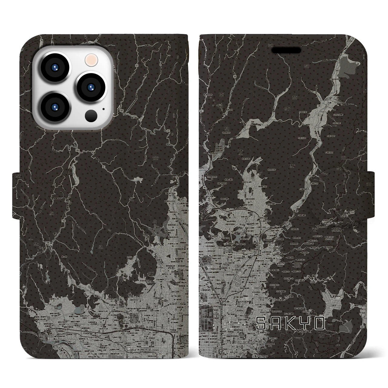 【左京(京都府)】地図柄iPhoneケース(手帳タイプ)モノトーン・iPhone 13 Pro 用