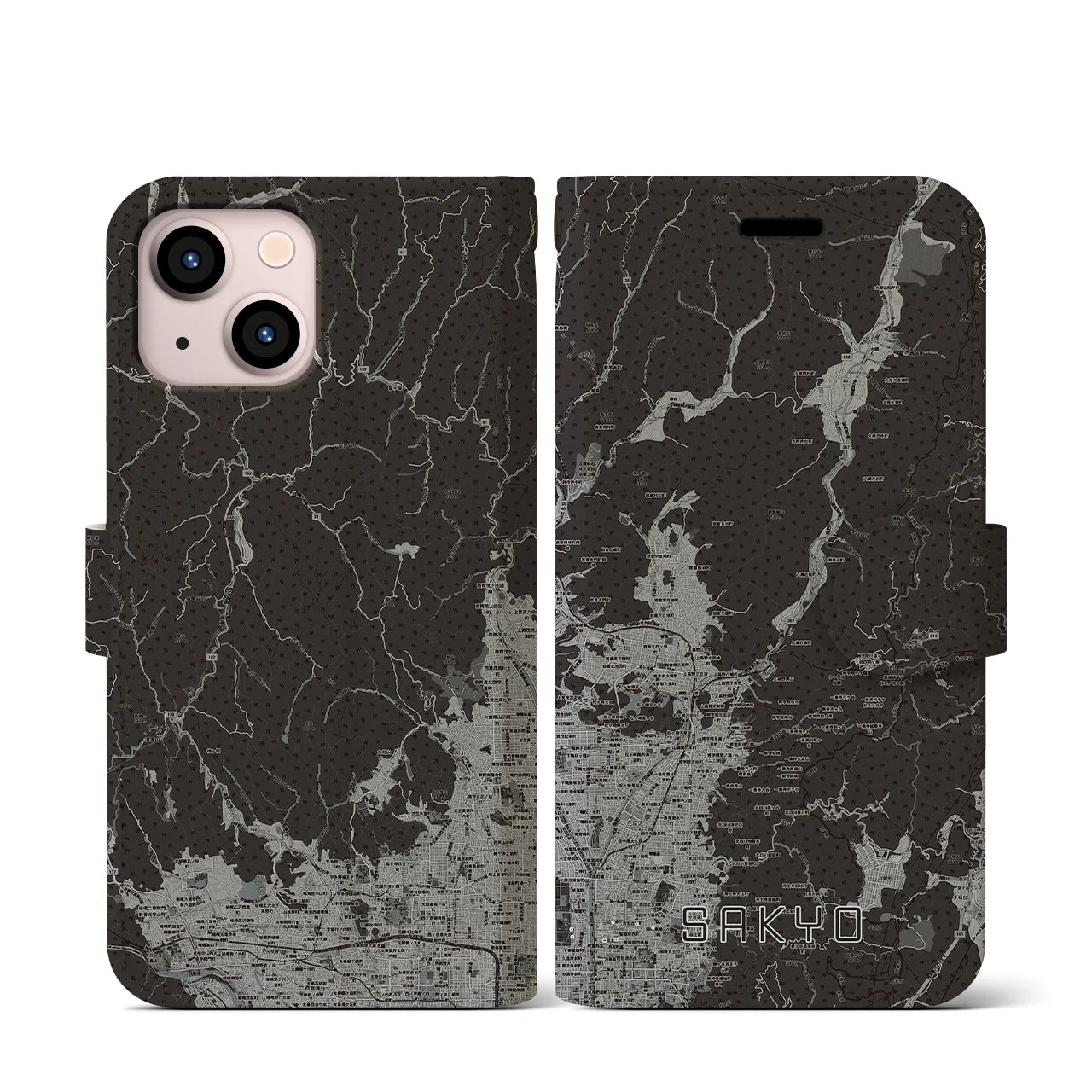 【左京(京都府)】地図柄iPhoneケース(手帳タイプ)モノトーン・iPhone 13 mini 用