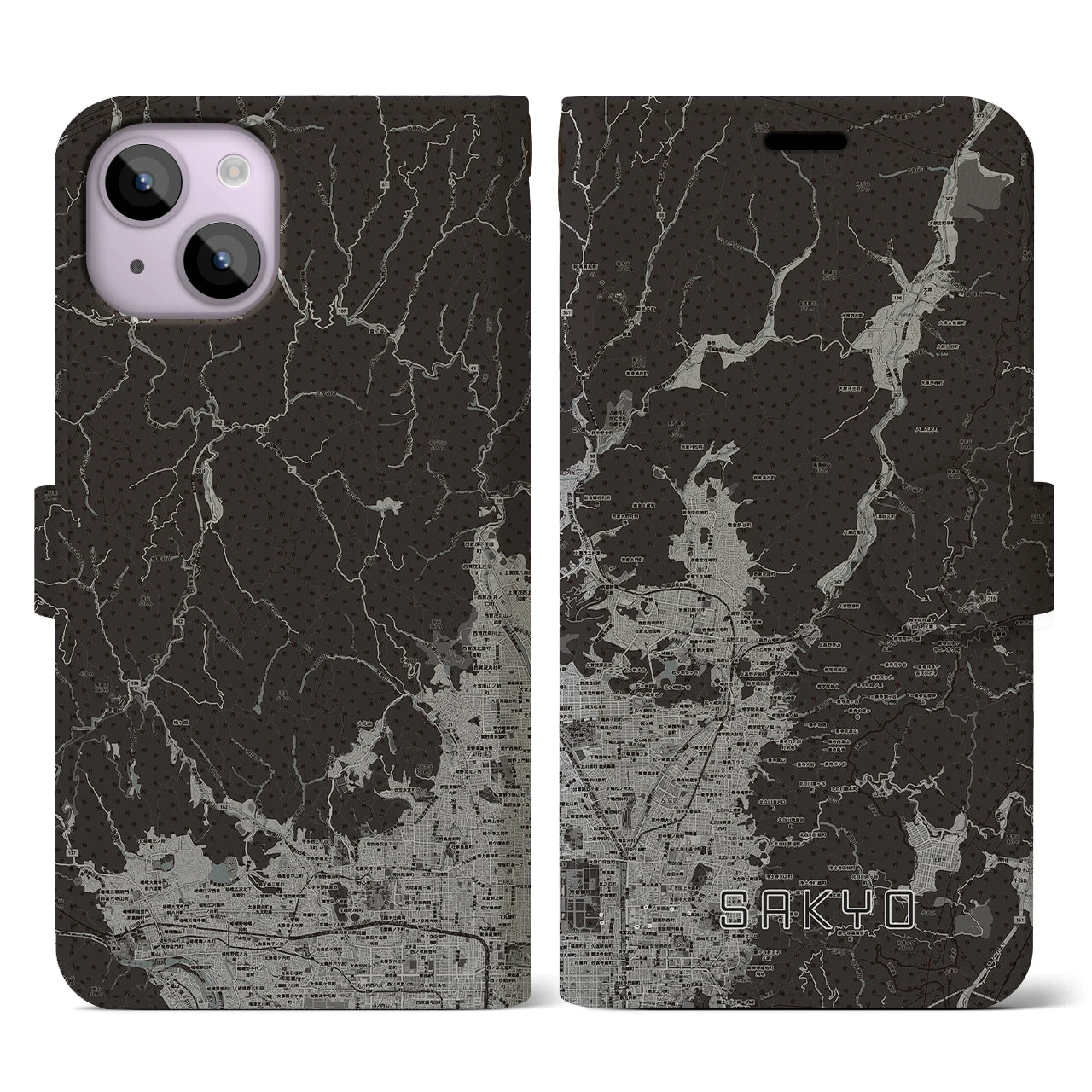 【左京(京都府)】地図柄iPhoneケース(手帳タイプ)モノトーン・iPhone 14 用