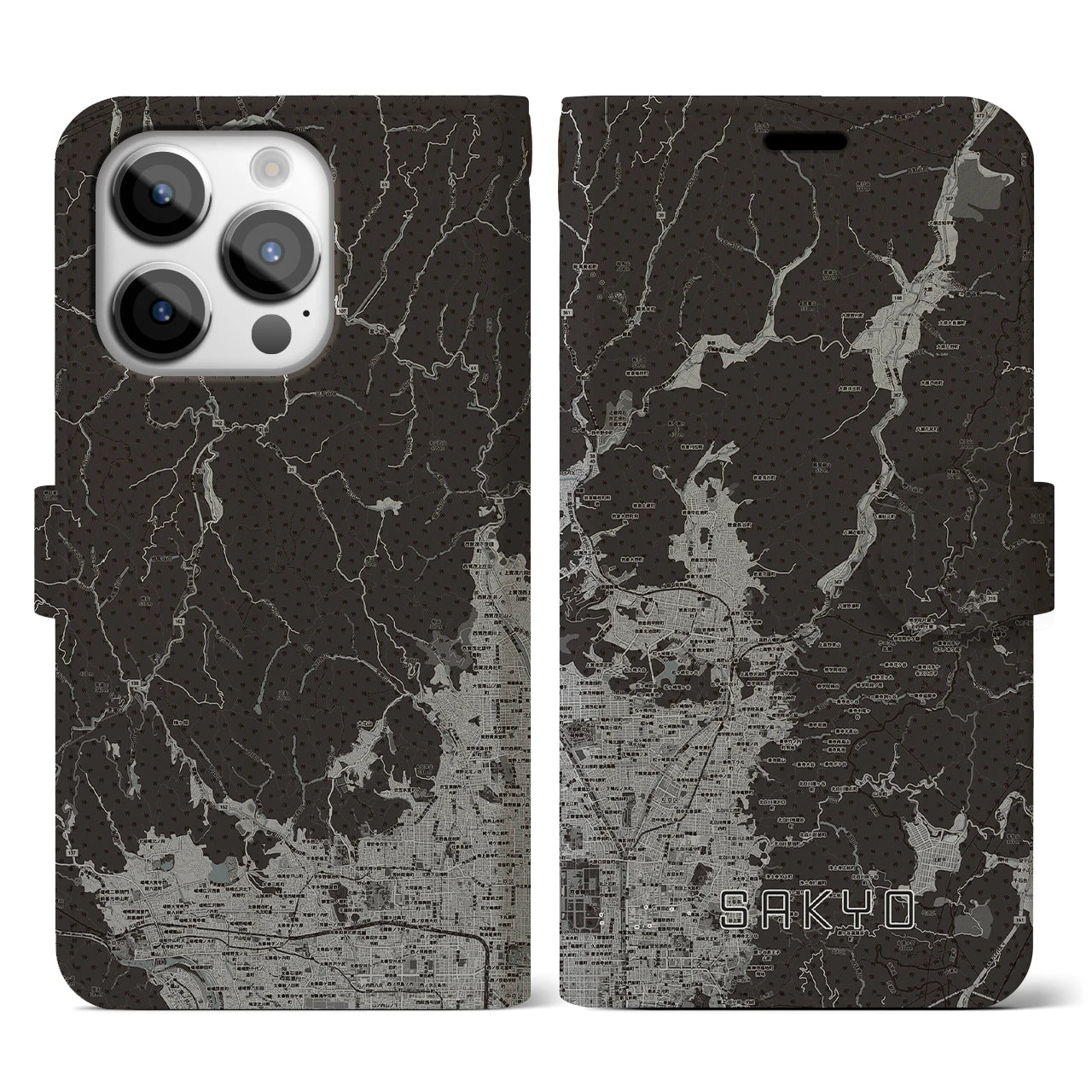【左京(京都府)】地図柄iPhoneケース(手帳タイプ)モノトーン・iPhone 14 Pro 用