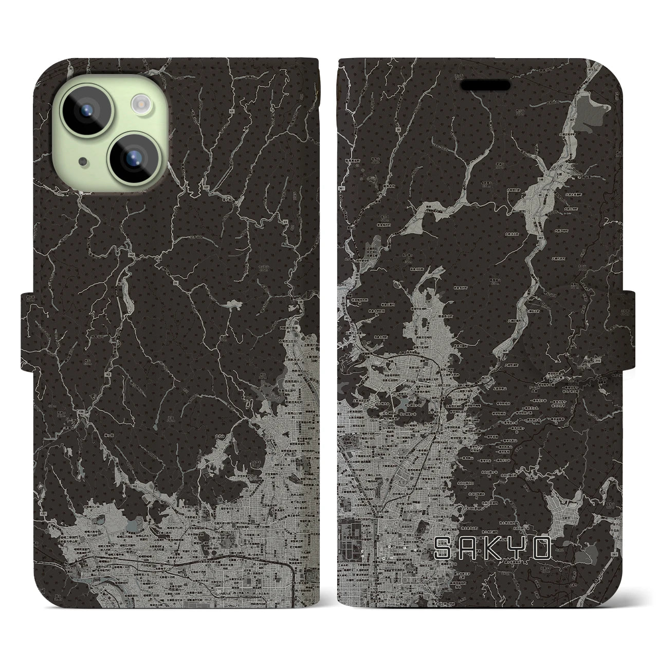 【左京(京都府)】地図柄iPhoneケース(手帳タイプ)モノトーン・iPhone 15 用