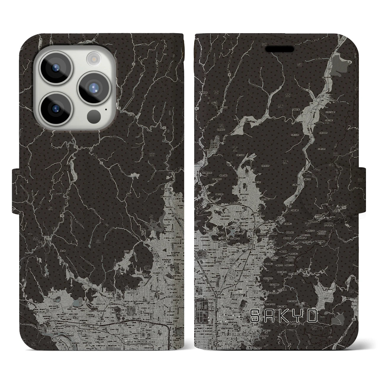 【左京(京都府)】地図柄iPhoneケース(手帳タイプ)モノトーン・iPhone 15 Pro 用