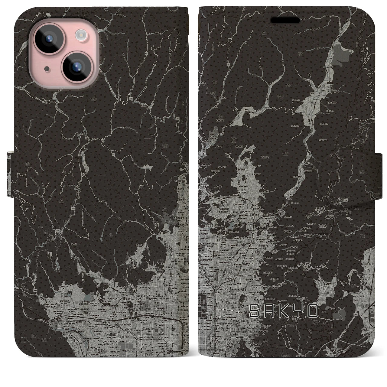 【左京(京都府)】地図柄iPhoneケース(手帳タイプ)モノトーン・iPhone 15 Plus 用