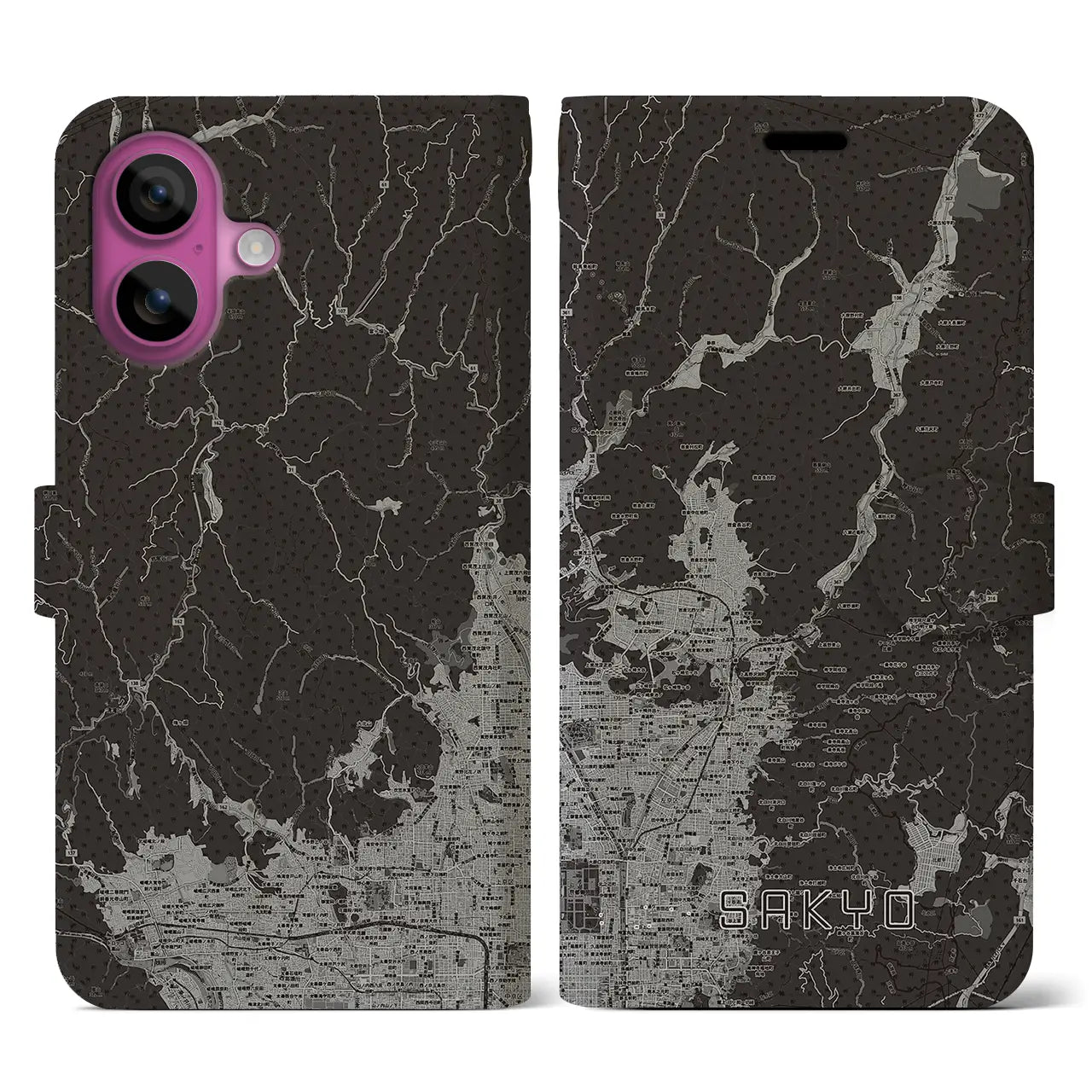 【左京(京都府)】地図柄iPhoneケース(手帳タイプ)モノトーン・iPhone 16 Pro 用