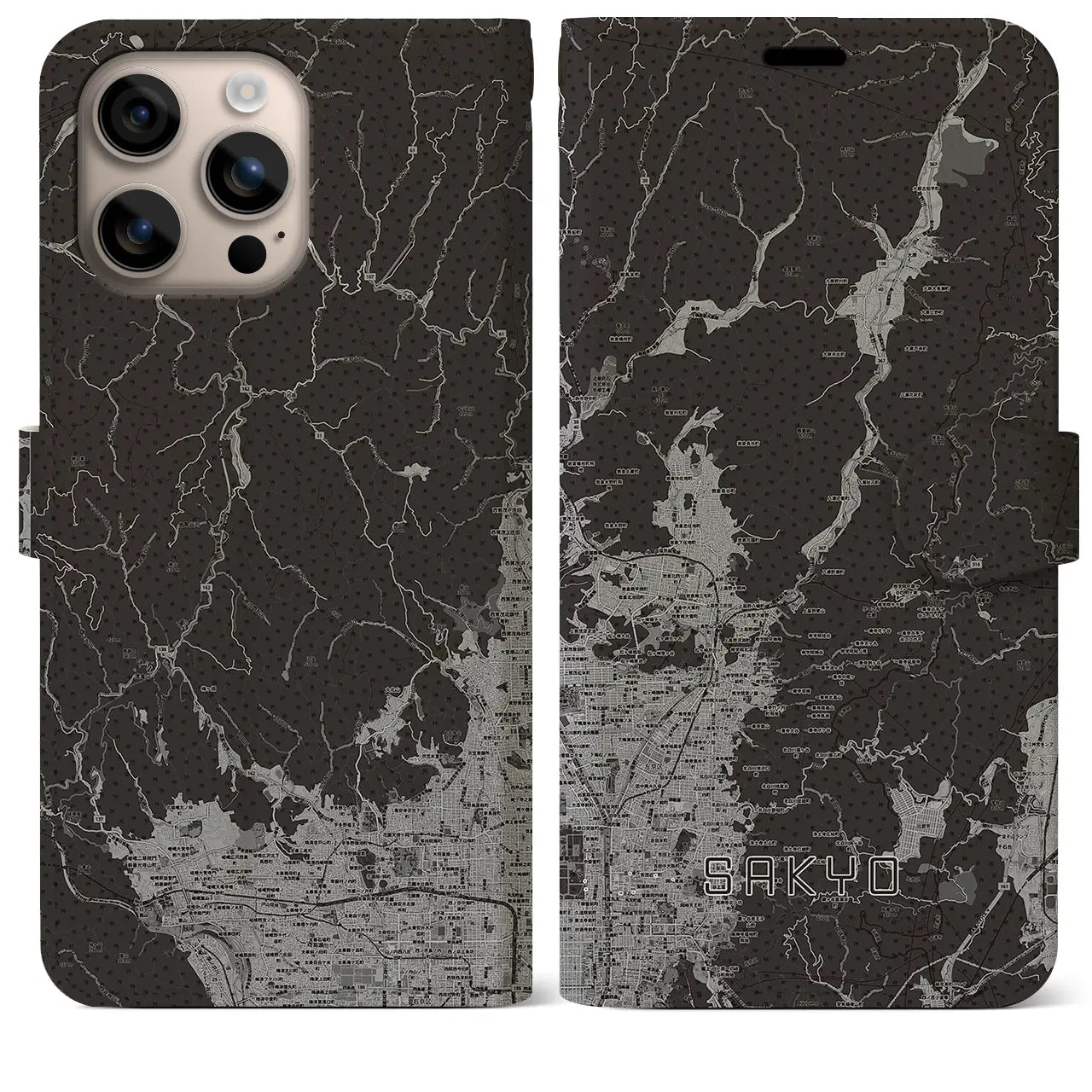 【左京(京都府)】地図柄iPhoneケース(手帳タイプ)モノトーン・iPhone 16 Plus 用