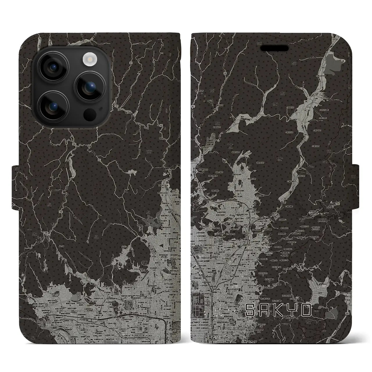 【左京(京都府)】地図柄iPhoneケース(手帳タイプ)モノトーン・iPhone 16 用