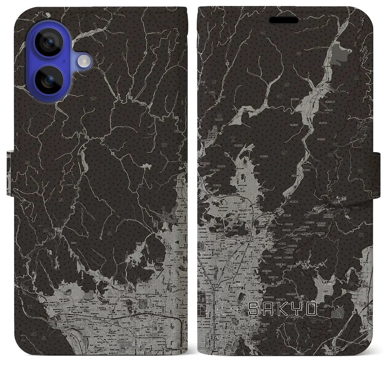 【左京(京都府)】地図柄iPhoneケース(手帳タイプ)モノトーン・iPhone 16 Pro Max 用