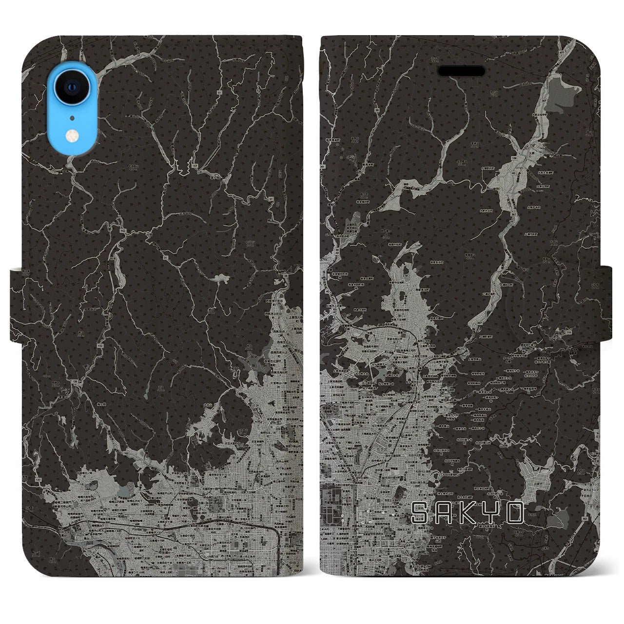 【左京(京都府)】地図柄iPhoneケース(手帳タイプ)モノトーン・iPhone XR 用
