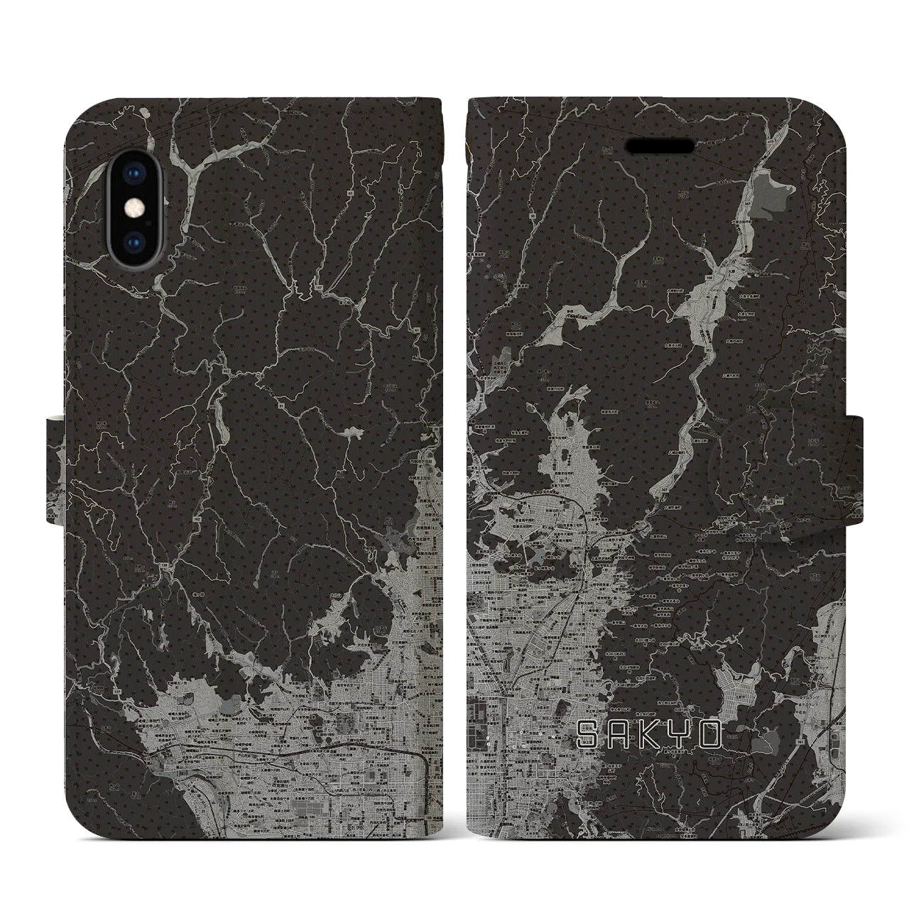 【左京(京都府)】地図柄iPhoneケース(手帳タイプ)モノトーン・iPhone XS / X 用