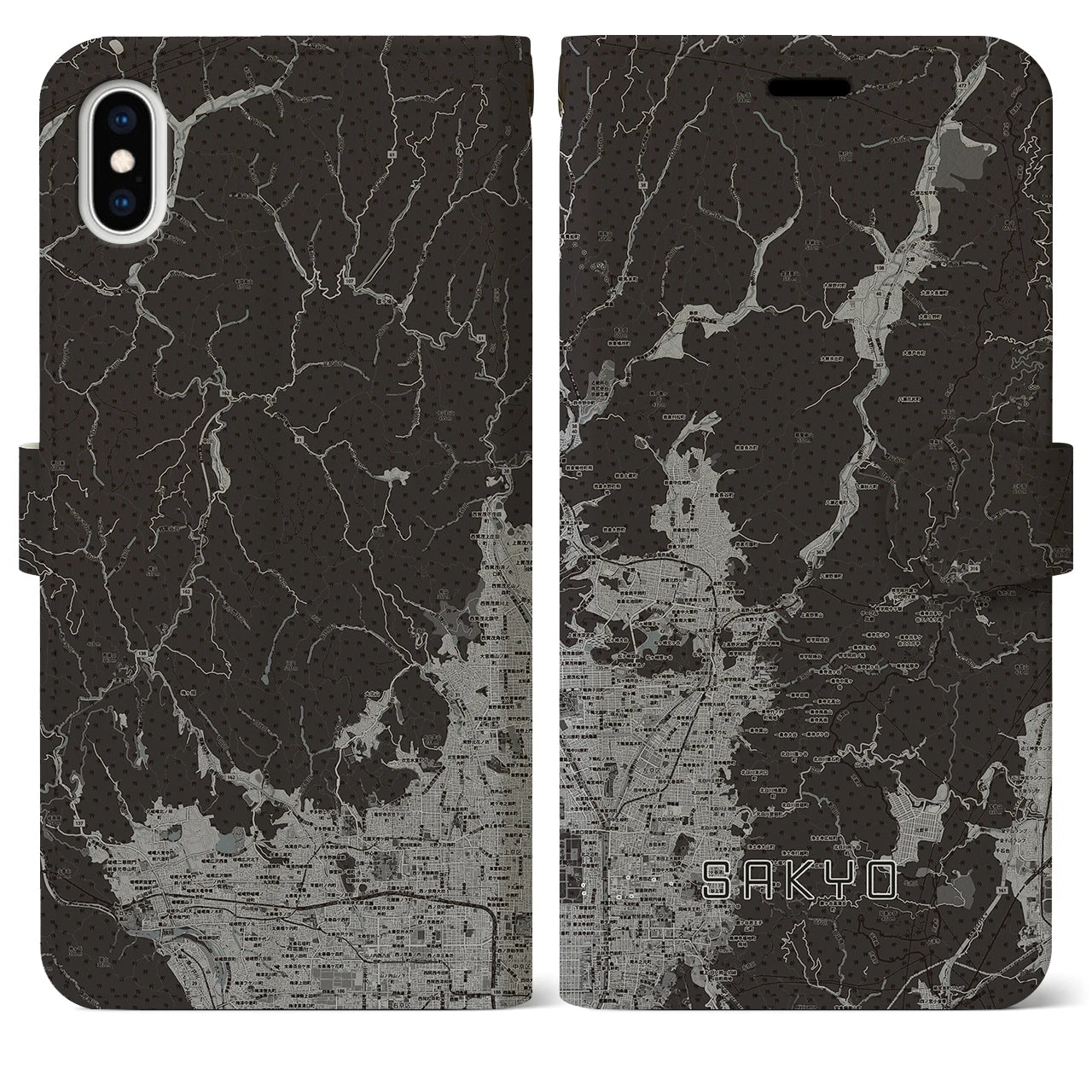 【左京(京都府)】地図柄iPhoneケース(手帳タイプ)モノトーン・iPhone XS Max 用