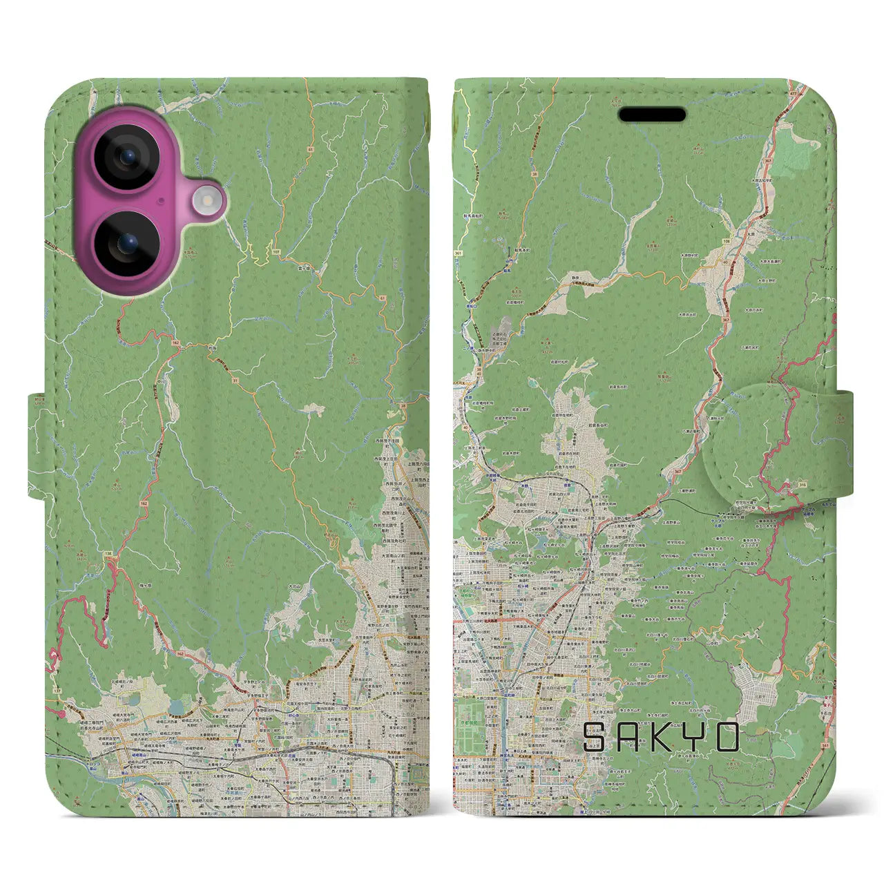 【左京(京都府)】地図柄iPhoneケース(手帳タイプ)ナチュラル・iPhone 16 Pro 用