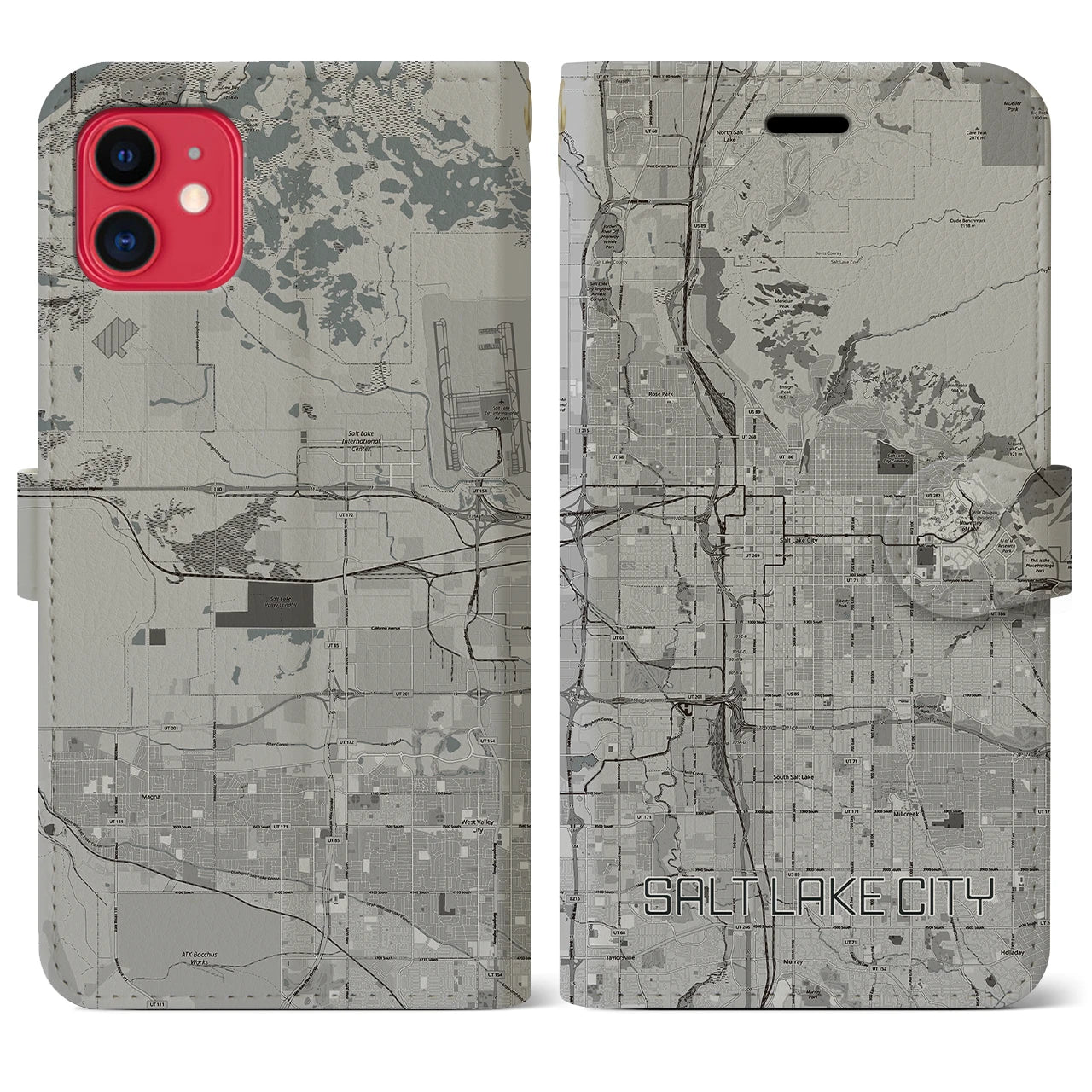 【ソルトレイクシティ(アメリカ)】地図柄iPhoneケース(手帳タイプ)モノトーン・iPhone 11 用