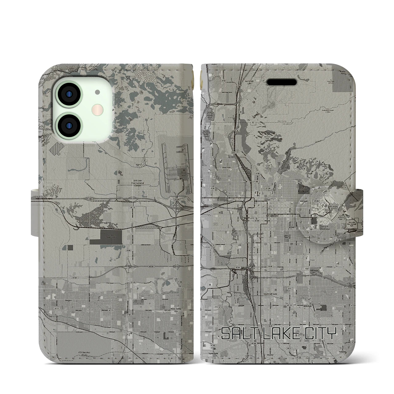 【ソルトレイクシティ(アメリカ)】地図柄iPhoneケース(手帳タイプ)モノトーン・iPhone 12 mini 用