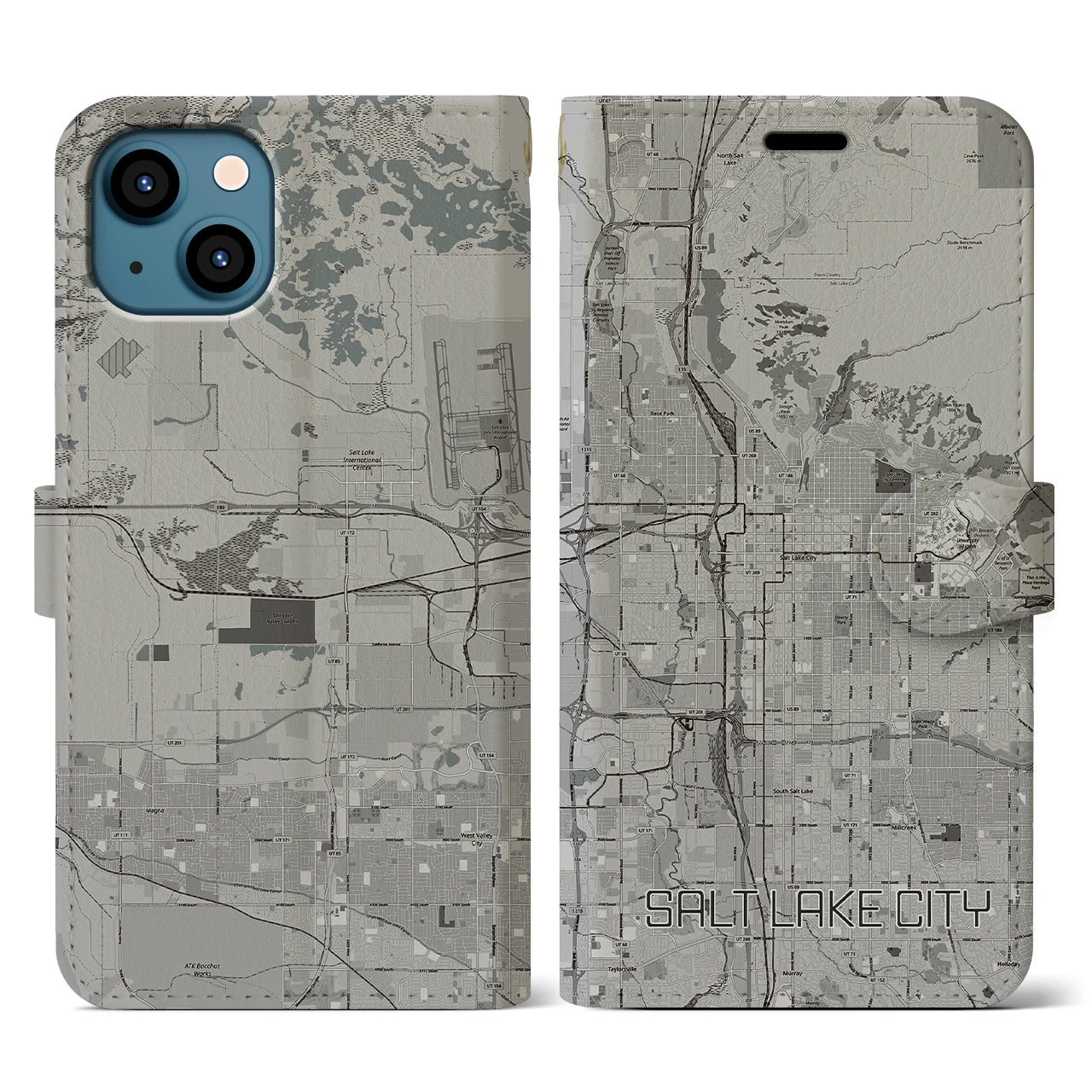 【ソルトレイクシティ(アメリカ)】地図柄iPhoneケース(手帳タイプ)モノトーン・iPhone 13 用