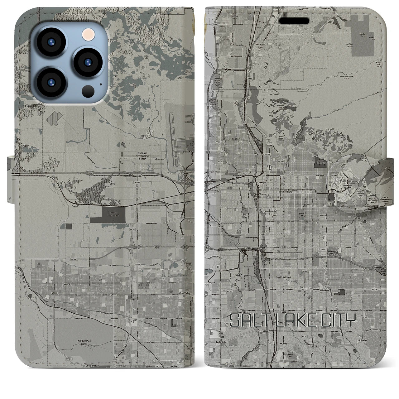 【ソルトレイクシティ(アメリカ)】地図柄iPhoneケース(手帳タイプ)モノトーン・iPhone 13 Pro Max 用