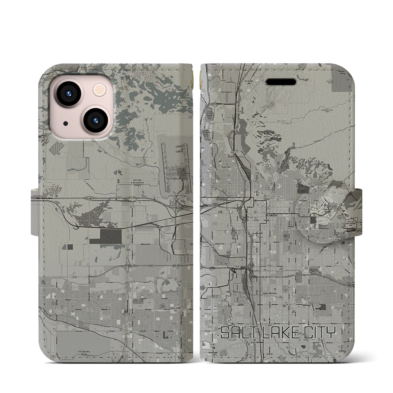 【ソルトレイクシティ(アメリカ)】地図柄iPhoneケース(手帳タイプ)モノトーン・iPhone 13 mini 用