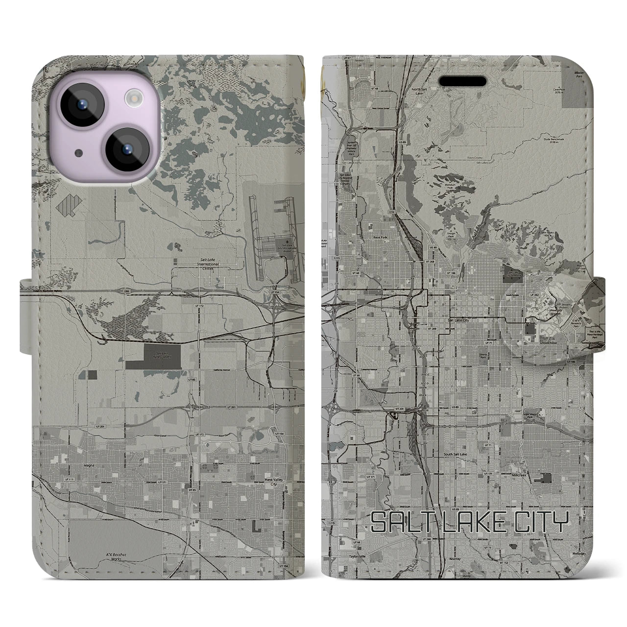 【ソルトレイクシティ(アメリカ)】地図柄iPhoneケース(手帳タイプ)モノトーン・iPhone 14 用