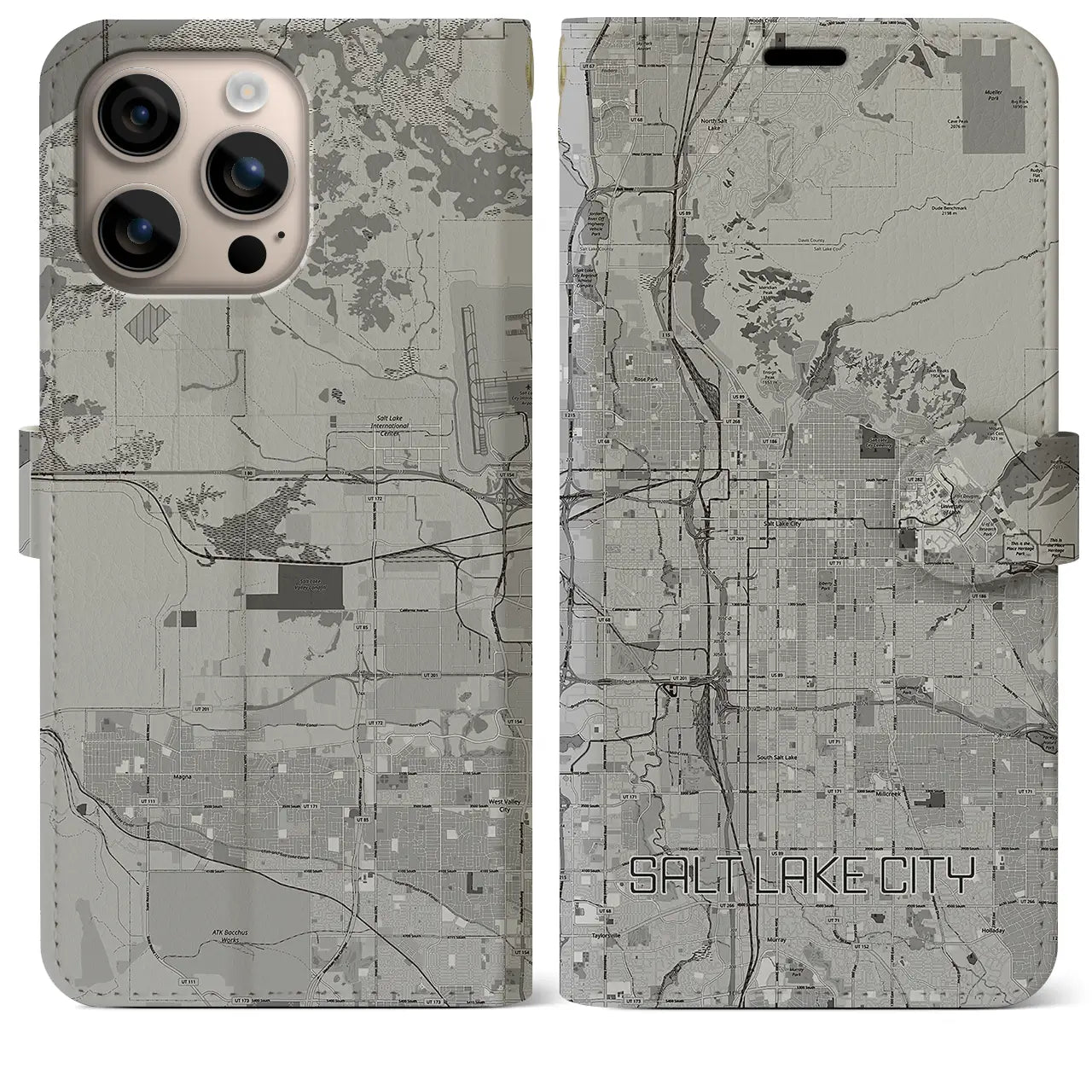 【ソルトレイクシティ(アメリカ)】地図柄iPhoneケース(手帳タイプ)モノトーン・iPhone 16 Plus 用