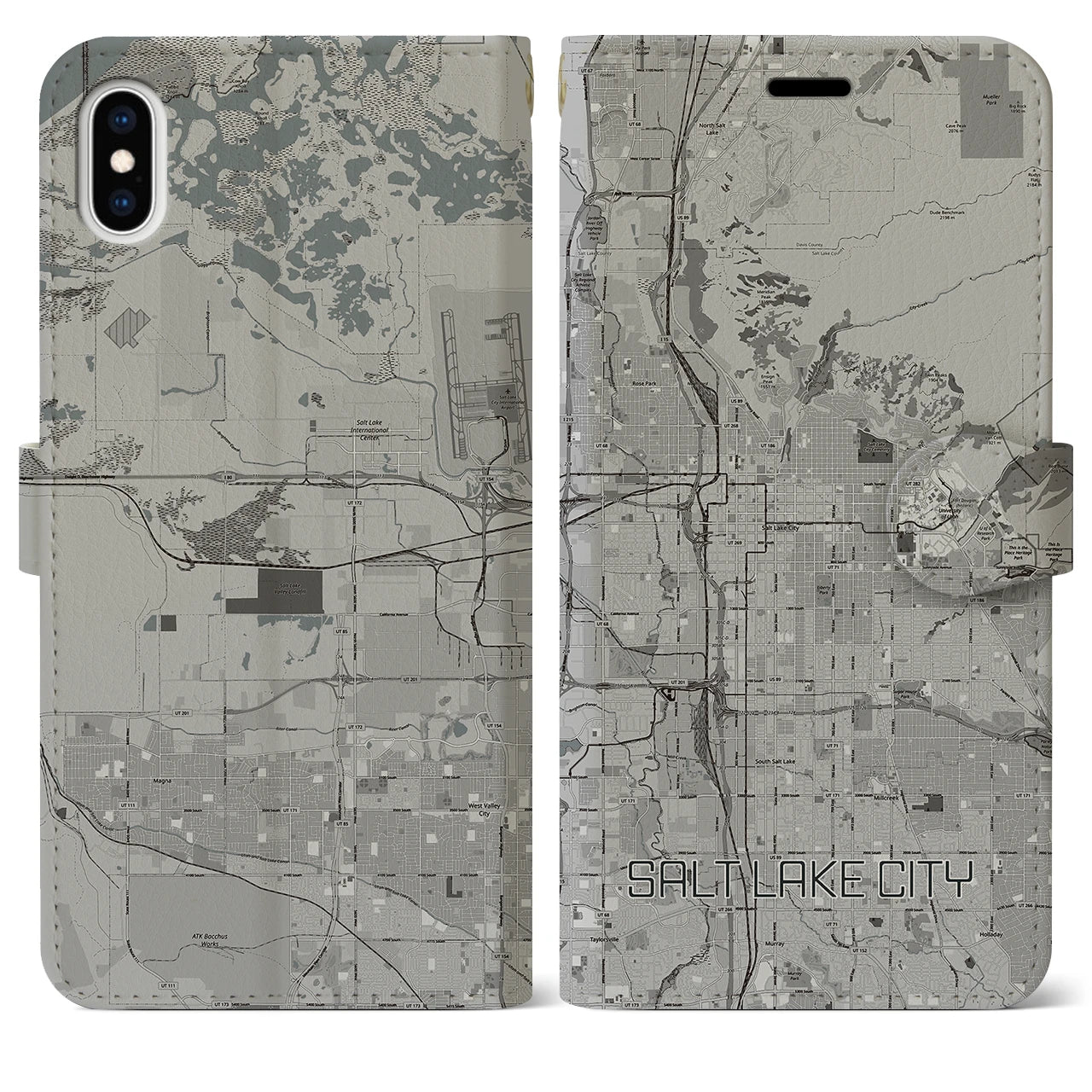 【ソルトレイクシティ(アメリカ)】地図柄iPhoneケース(手帳タイプ)モノトーン・iPhone XS Max 用