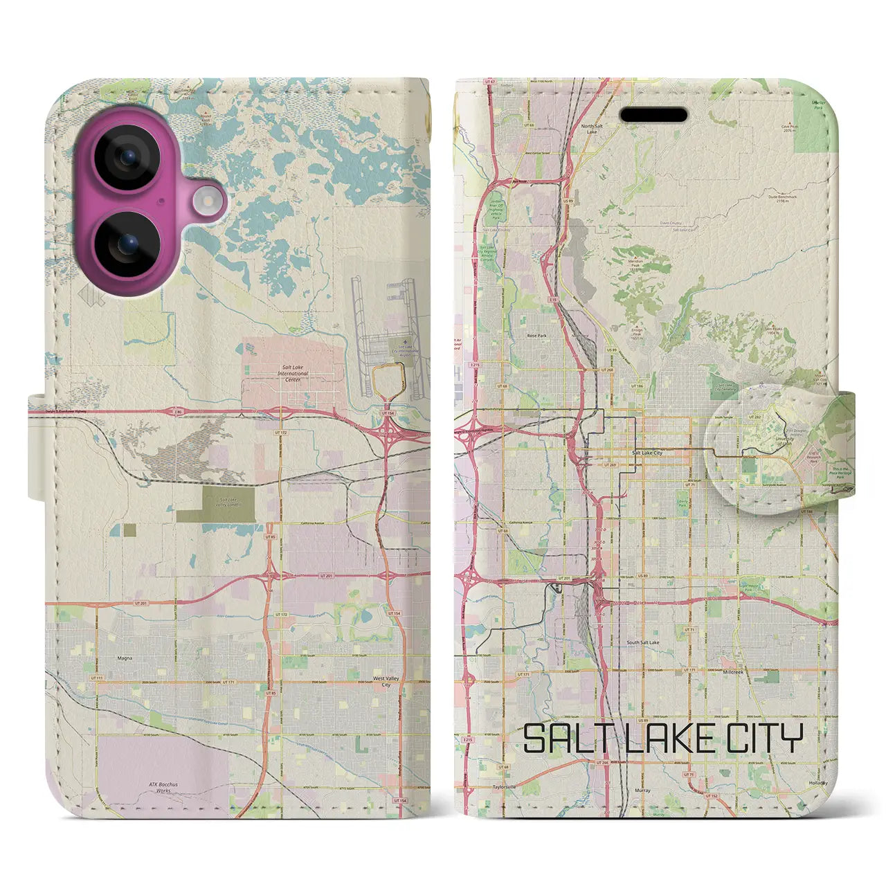 【ソルトレイクシティ(アメリカ)】地図柄iPhoneケース(手帳タイプ)ナチュラル・iPhone 16 Pro 用