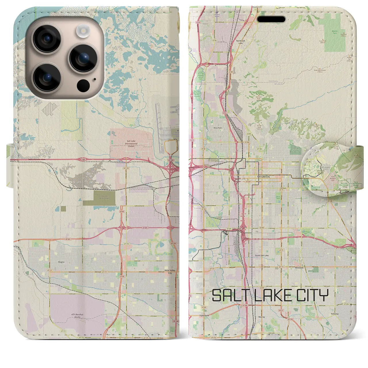 【ソルトレイクシティ(アメリカ)】地図柄iPhoneケース(手帳タイプ)ナチュラル・iPhone 16 Plus 用