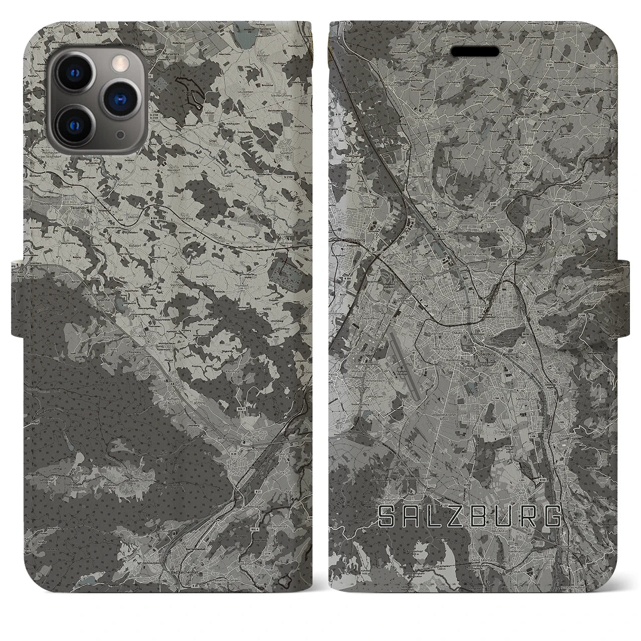 【ザルツブルク(オーストリア)】地図柄iPhoneケース(手帳タイプ)モノトーン・iPhone 11 Pro Max 用