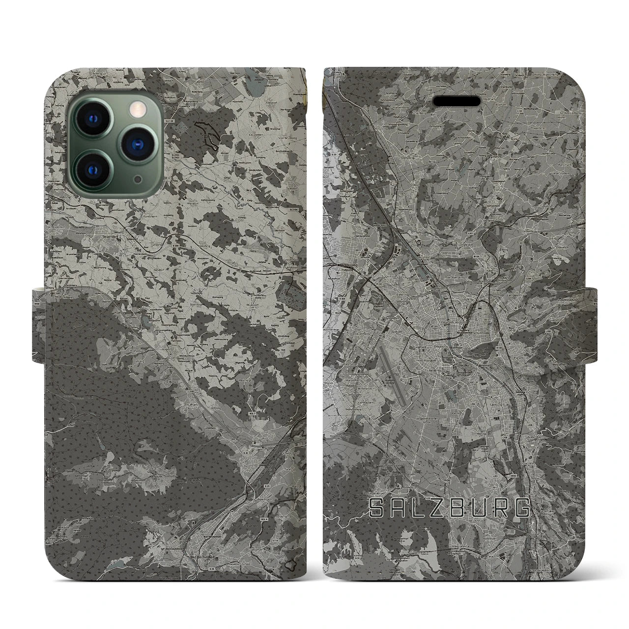 【ザルツブルク(オーストリア)】地図柄iPhoneケース(手帳タイプ)モノトーン・iPhone 11 Pro 用