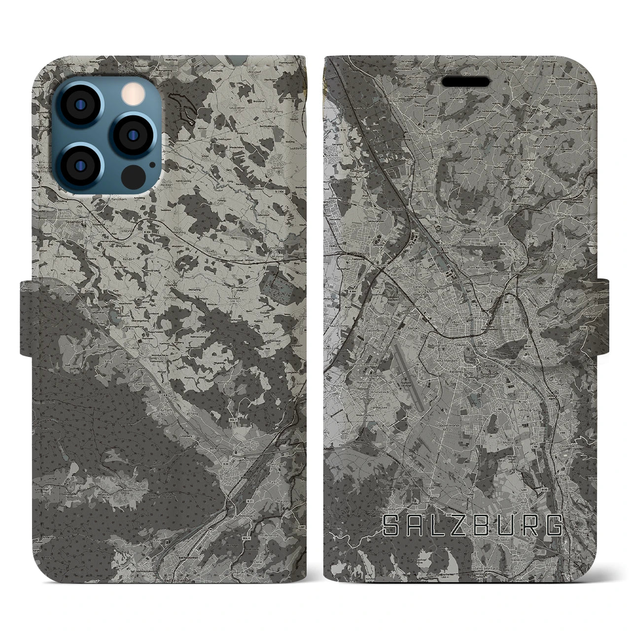 【ザルツブルク(オーストリア)】地図柄iPhoneケース(手帳タイプ)モノトーン・iPhone 12 / 12 Pro 用