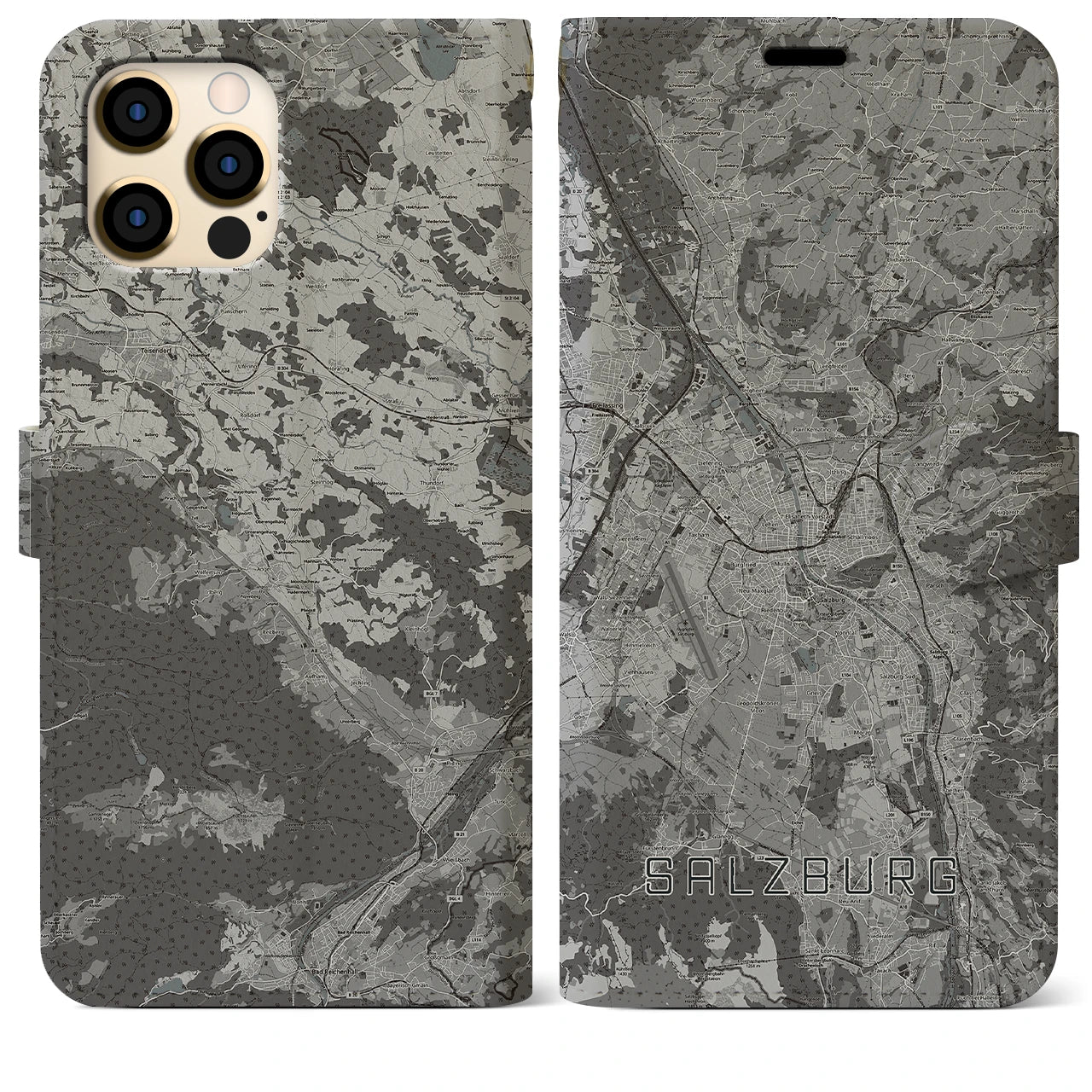 【ザルツブルク(オーストリア)】地図柄iPhoneケース(手帳タイプ)モノトーン・iPhone 12 Pro Max 用