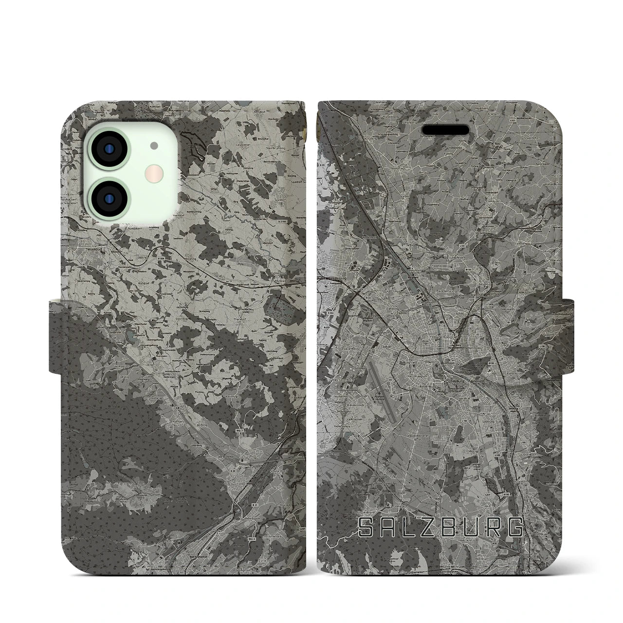 【ザルツブルク(オーストリア)】地図柄iPhoneケース(手帳タイプ)モノトーン・iPhone 12 mini 用