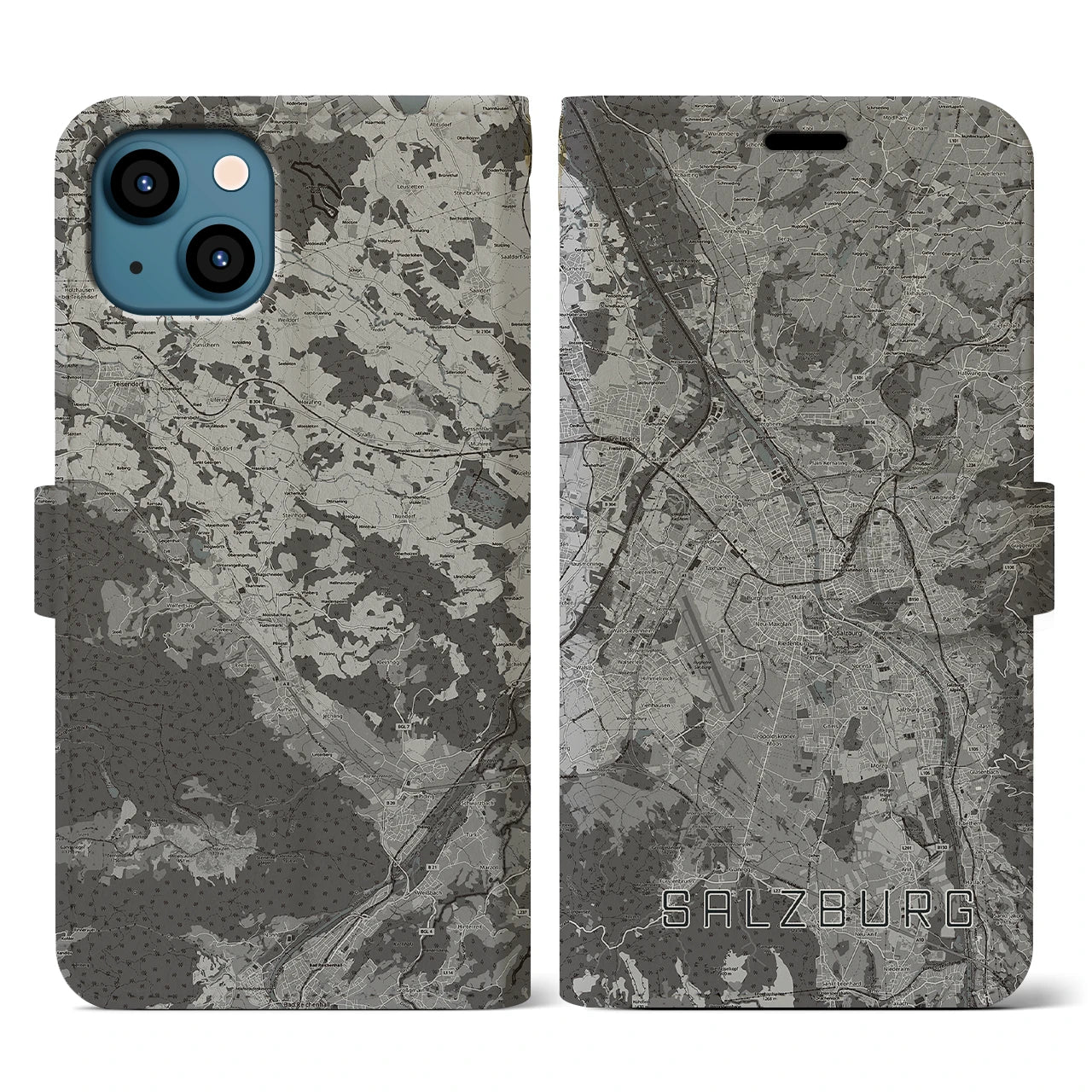 【ザルツブルク(オーストリア)】地図柄iPhoneケース(手帳タイプ)モノトーン・iPhone 13 用