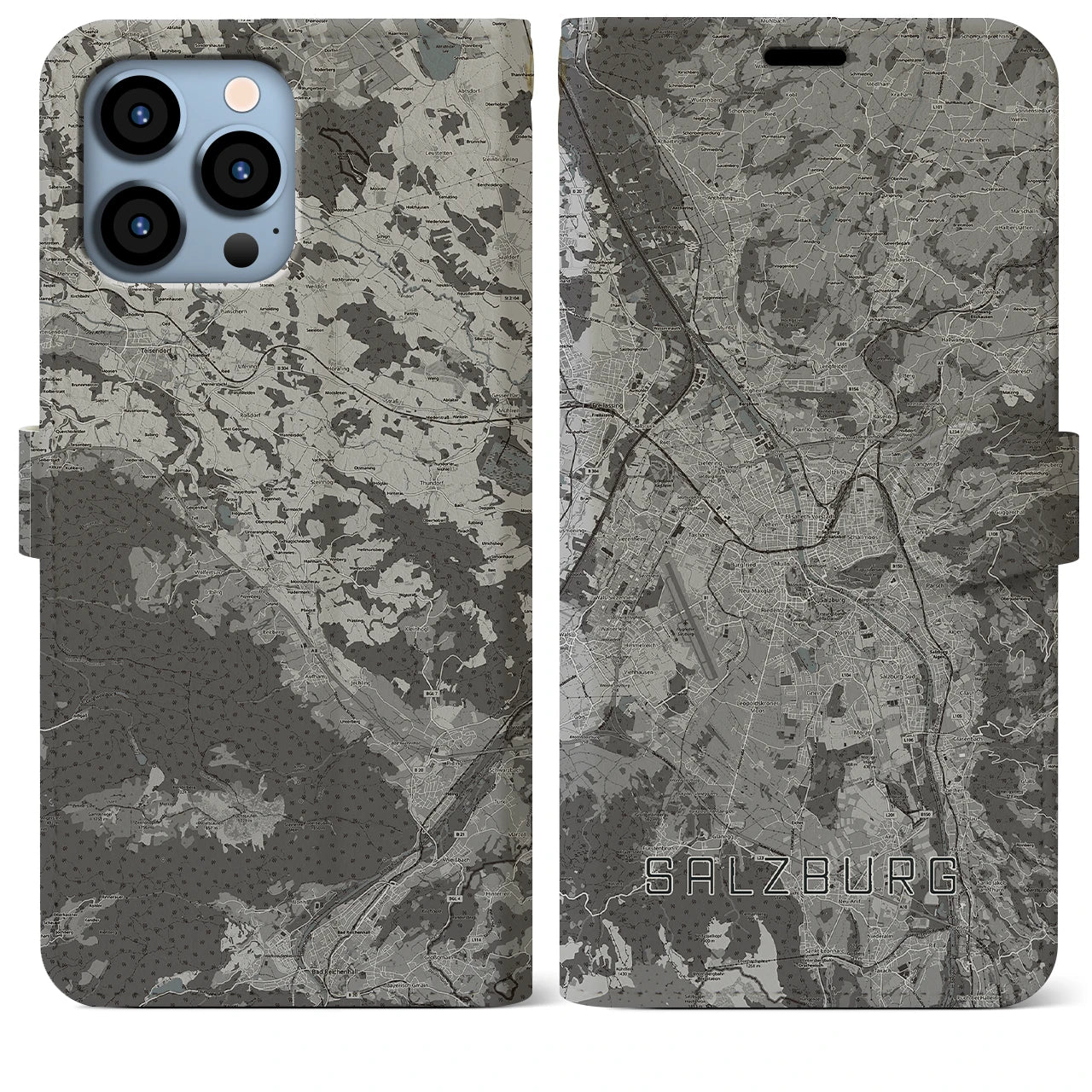 【ザルツブルク(オーストリア)】地図柄iPhoneケース(手帳タイプ)モノトーン・iPhone 13 Pro Max 用