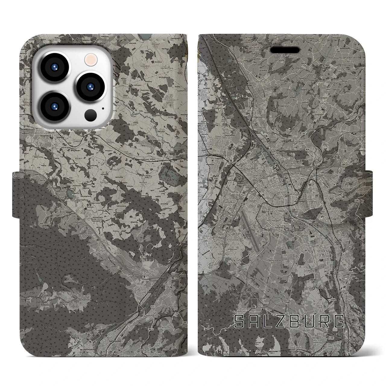 【ザルツブルク(オーストリア)】地図柄iPhoneケース(手帳タイプ)モノトーン・iPhone 13 Pro 用